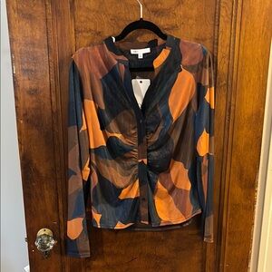 NWT DR2 Orange and Blue Abstract Sheer Long Sleeve Button Up Blouse Size L